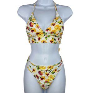 Cabana Del Sol Womens 2 Piece Bikini Swimsuit Floral White‎ Yellow Strappy Sz L